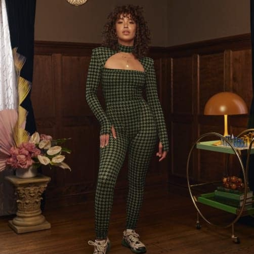 Ivy Park Adidas Wild Pine Green and Black Velvet and Mesh Gingham Print Catsuit